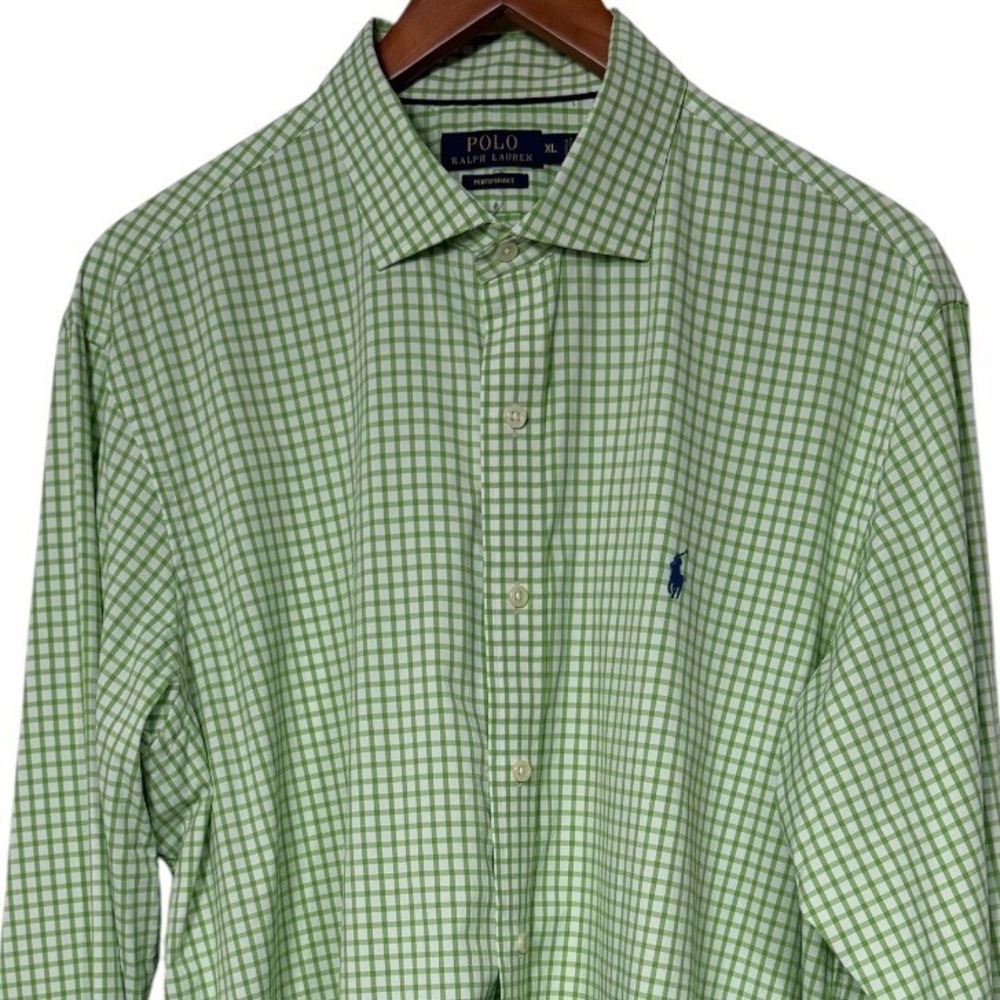Polo Ralph Lauren Performance Shirt Mens XL Green Gingham Check Long Sleeve